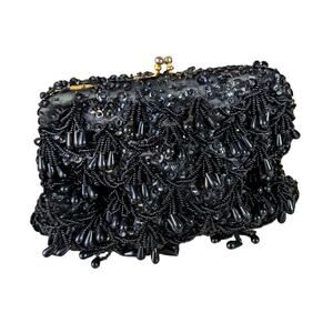 Vintage Richere beaded black clutch handbag hinge closure